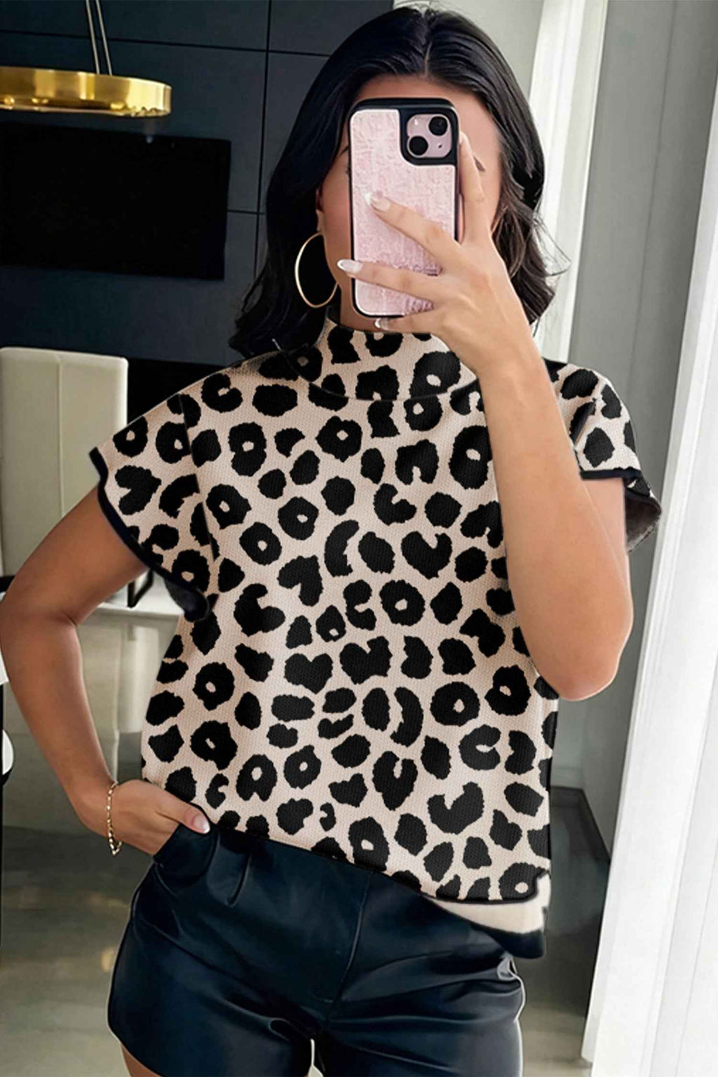 Black Leopard Print High Neck Short Sleeve Sweater 2350802e20219b74