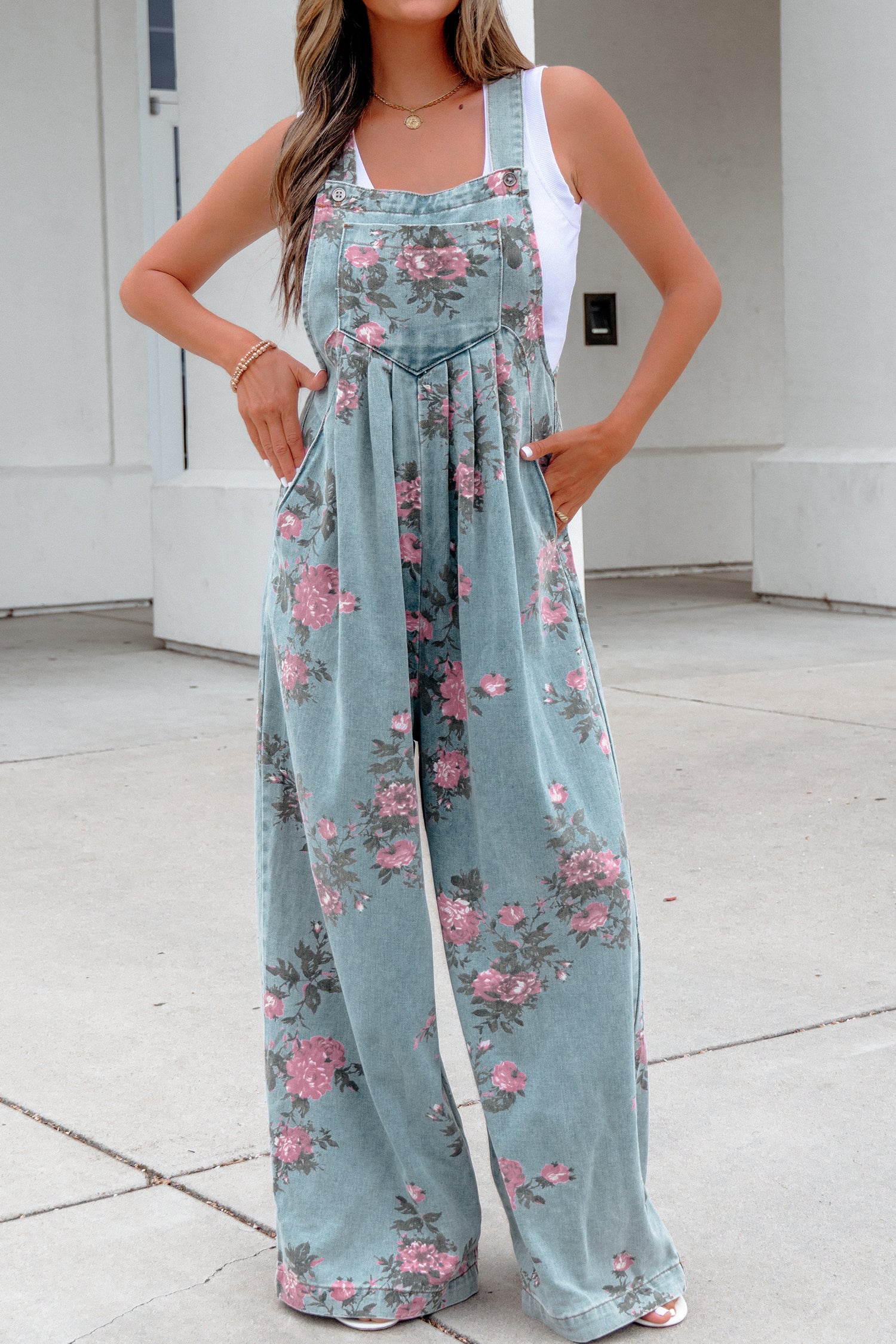 Beau Blue Floral Print Pleated High Waist Wide Leg Denim Jumpsuit 23532c6b8f0c0bd6