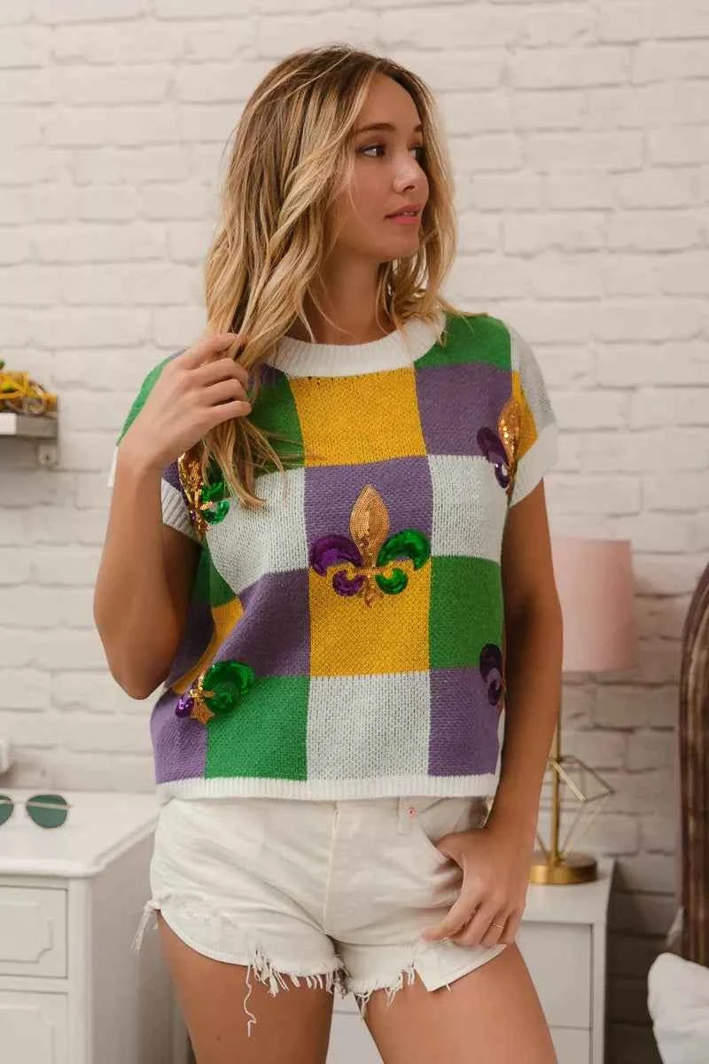 BiBi Sequin Embroidery Mardi Gras Checker Sweater Top 235493a61ad344be9b2e04b26f768e54-Max-Origin