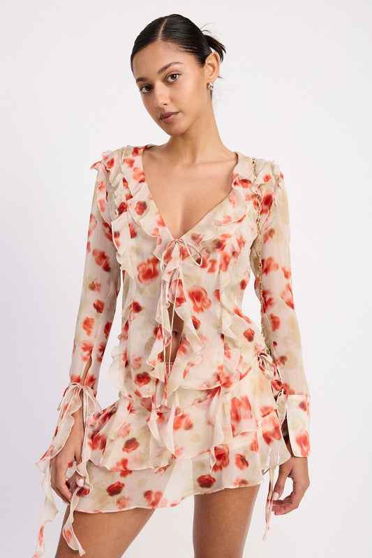 LAYERED RUFFLE MINI SKIRT IN SHEER FLORAL PRINT 23551279_63514461-37f1-441b-a822-cccae30b7b4a