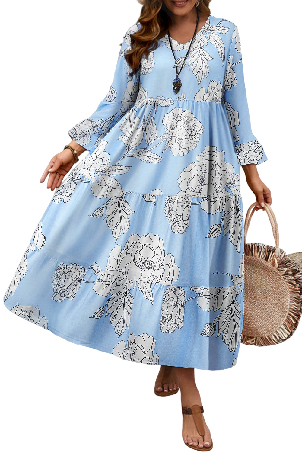 Sky Blue Floral Bell Sleeve V Neck Plus Size Tiered Maxi Dress 23575d1d1e5c5a5b