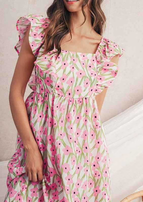 Pink Floral Square Neck Ruffled Strap Maxi Dress 23674244_3626251b-f867-4289-994f-3833d65b38e4