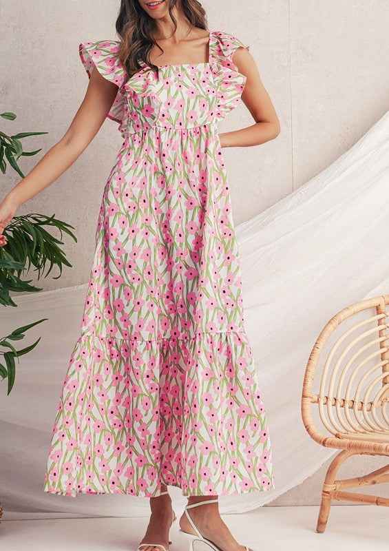 Pink Floral Square Neck Ruffled Strap Maxi Dress 23674244_88508210-2d95-477c-8f2e-7e2409be2303