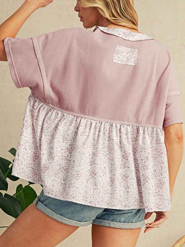Cotton Pink Waffle Floral Patchwork Exposed Top PINK 23674251_f74cb9e6-83a8-4e5d-98ff-adc82abcceae