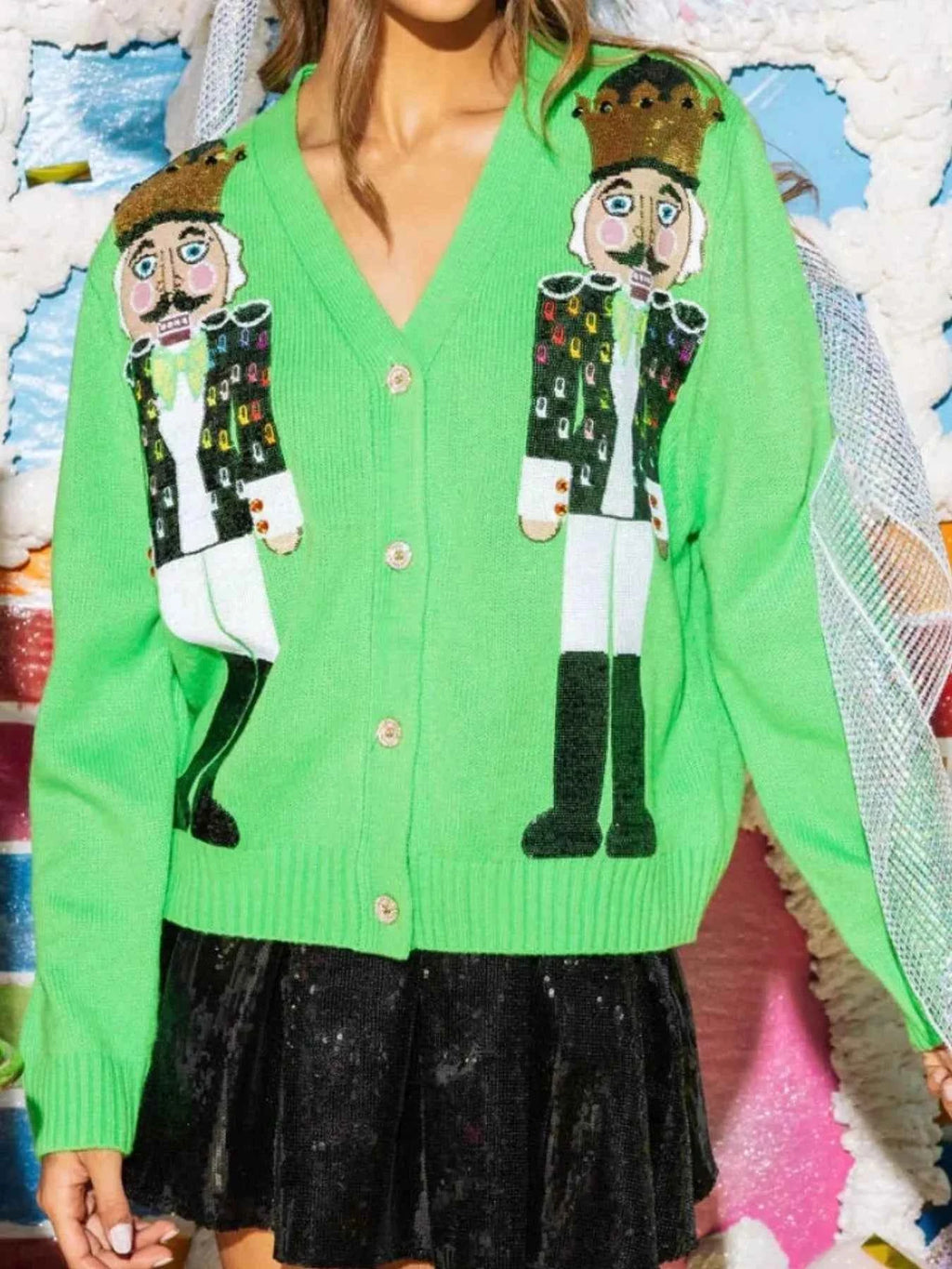 Nutcracker Ribbed Hem V-Neck Cardigan 2367bdec-db4f-4fe3-8135-384f85531c4f-Max-Origin
