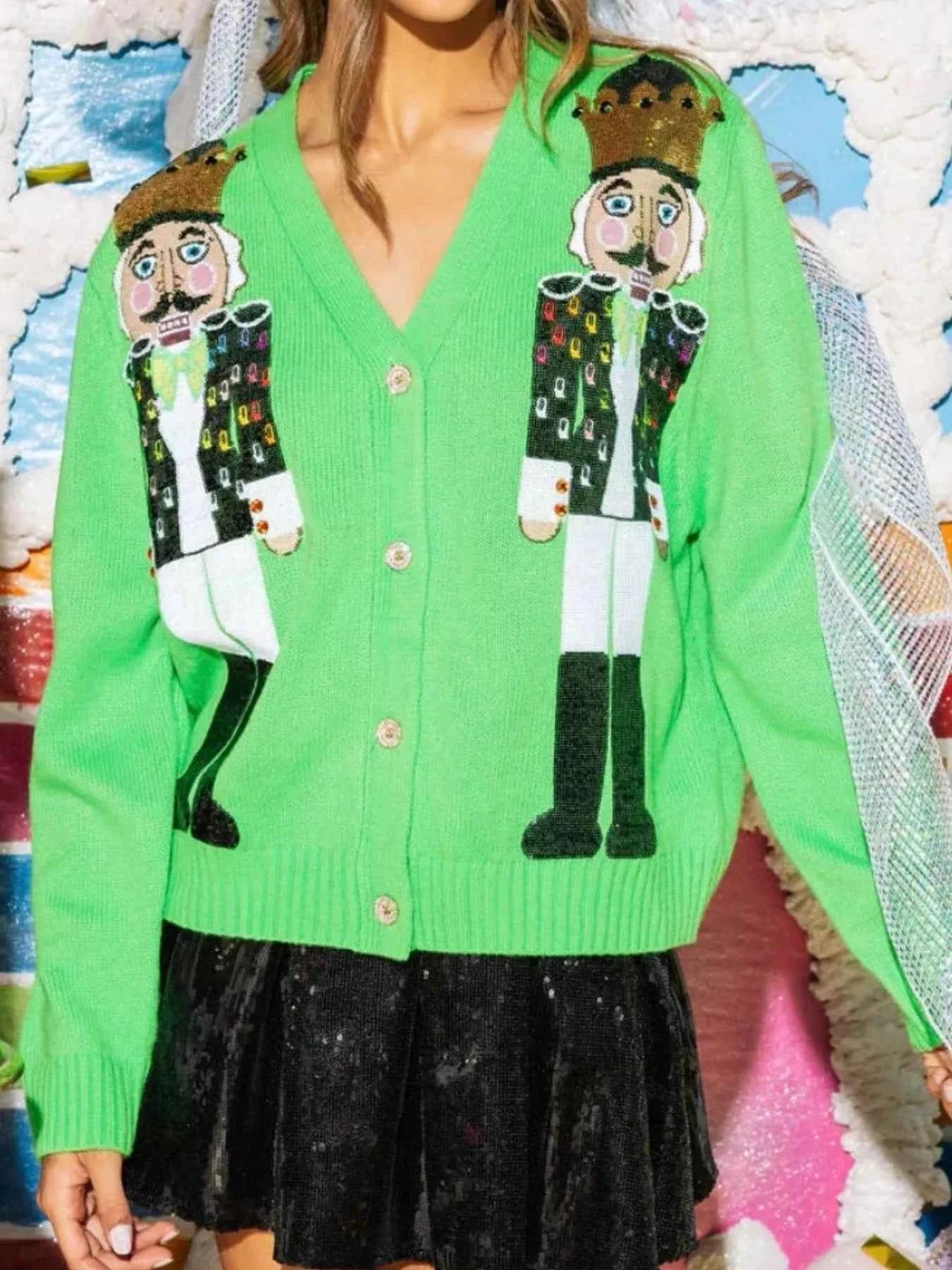 Nutcracker Ribbed Hem V-Neck Cardigan 2367bdec-db4f-4fe3-8135-384f85531c4f-Max-Origin