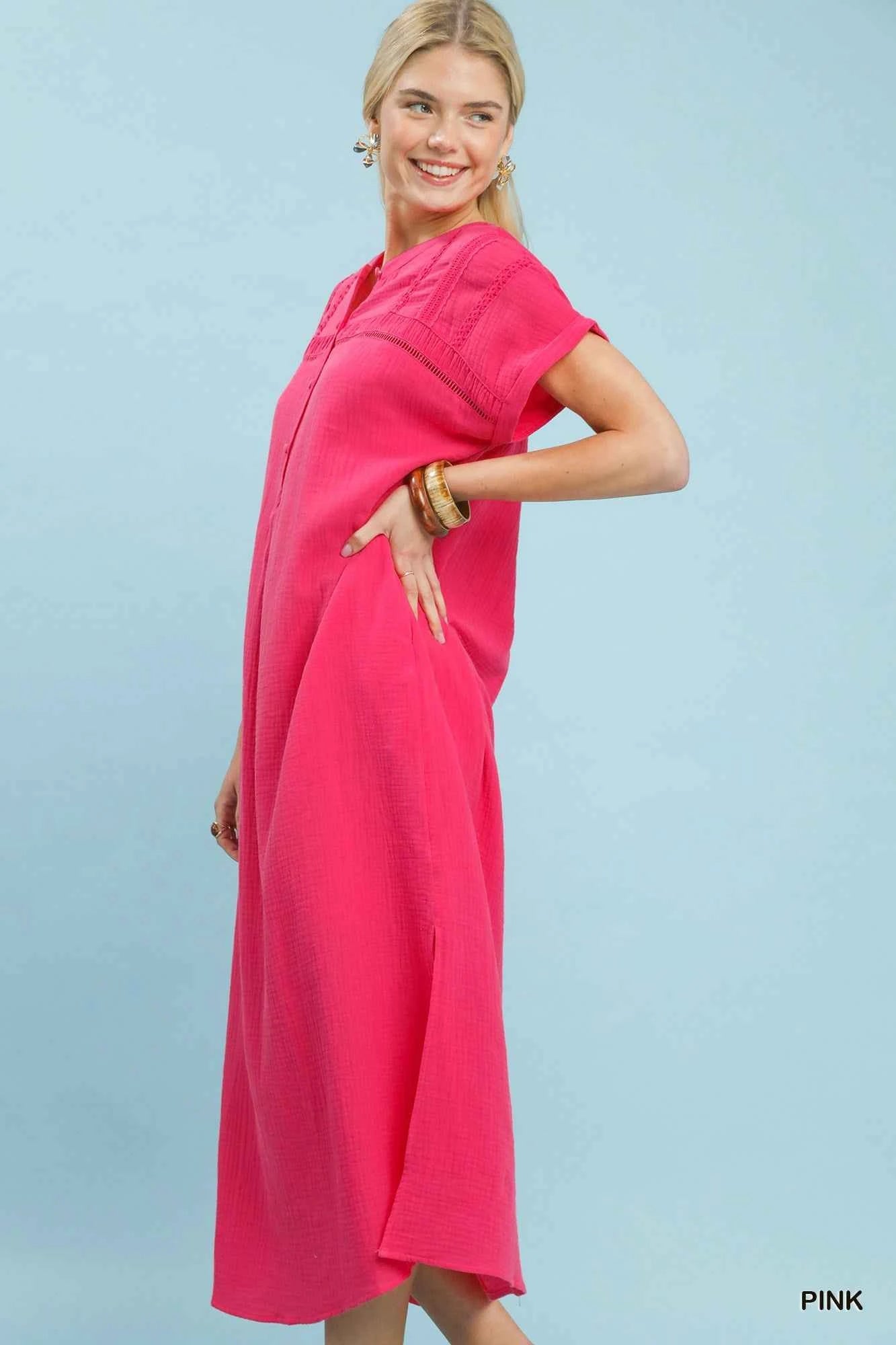Umgee Button-Front Gauze Midi Dress with Lace Detail 236a4632-9360-430f-b422-fa8f762e56ba-Max