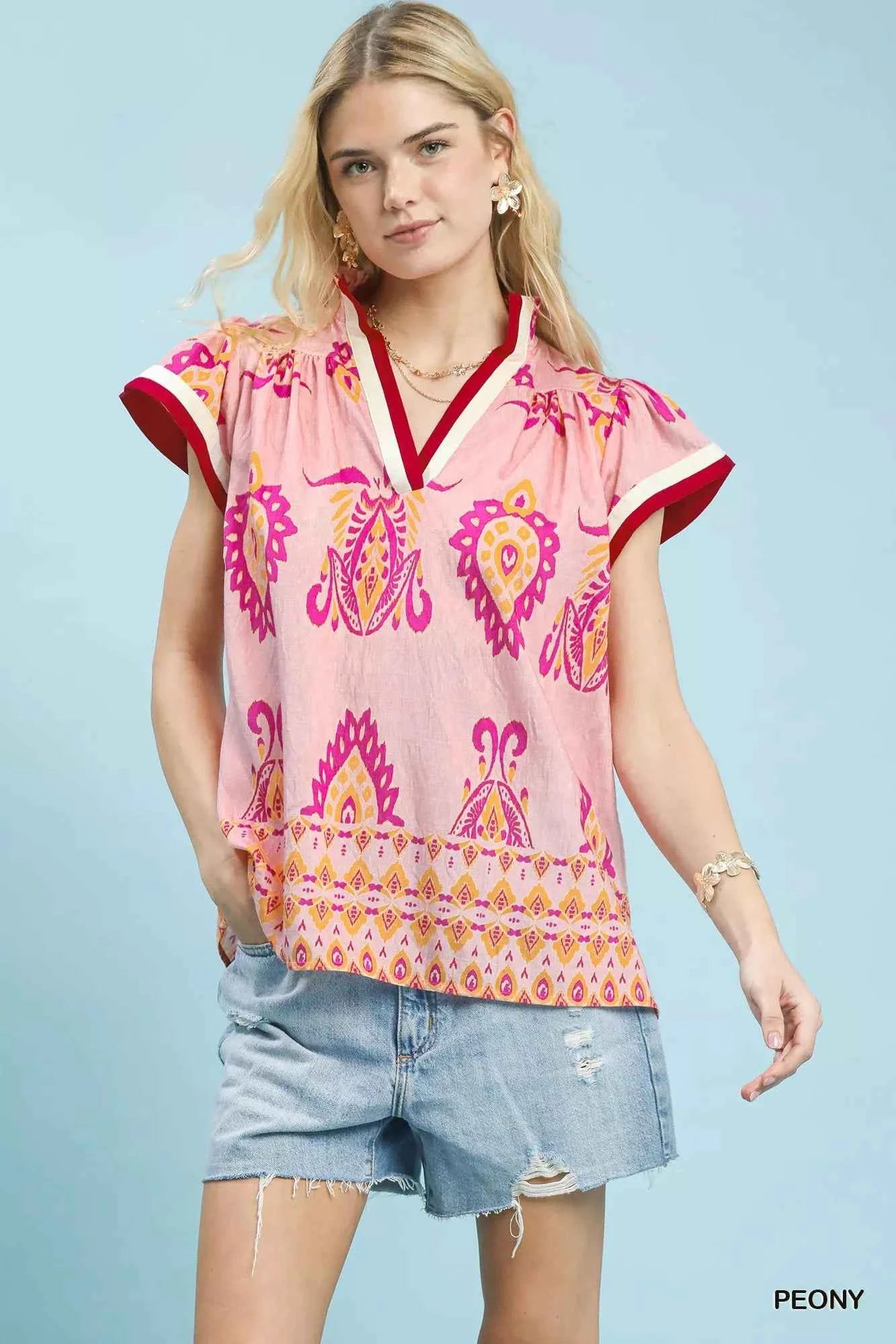 Umgee Border Print Split-Neck Boho Top PEONY 236b1296-bf86-4e85-a808-b4b043fec471-Max-Origin