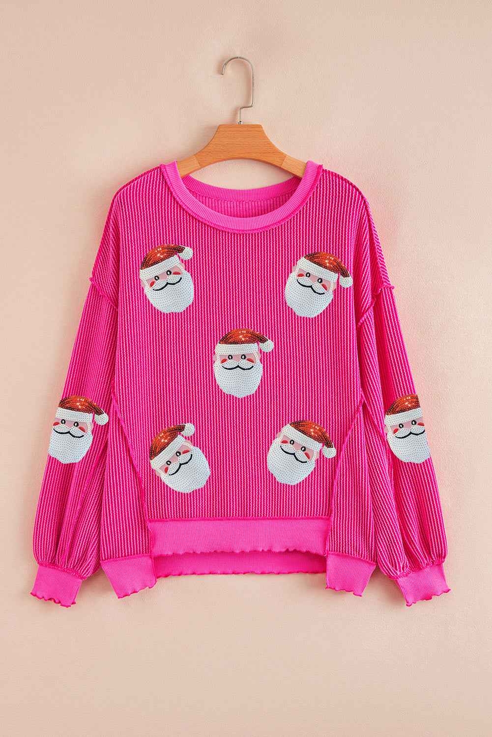 Strawberry Pink Twisted Ribbed Color Block Patchwork Sequin Father Christmas Graphic Top 23749f617fb50768