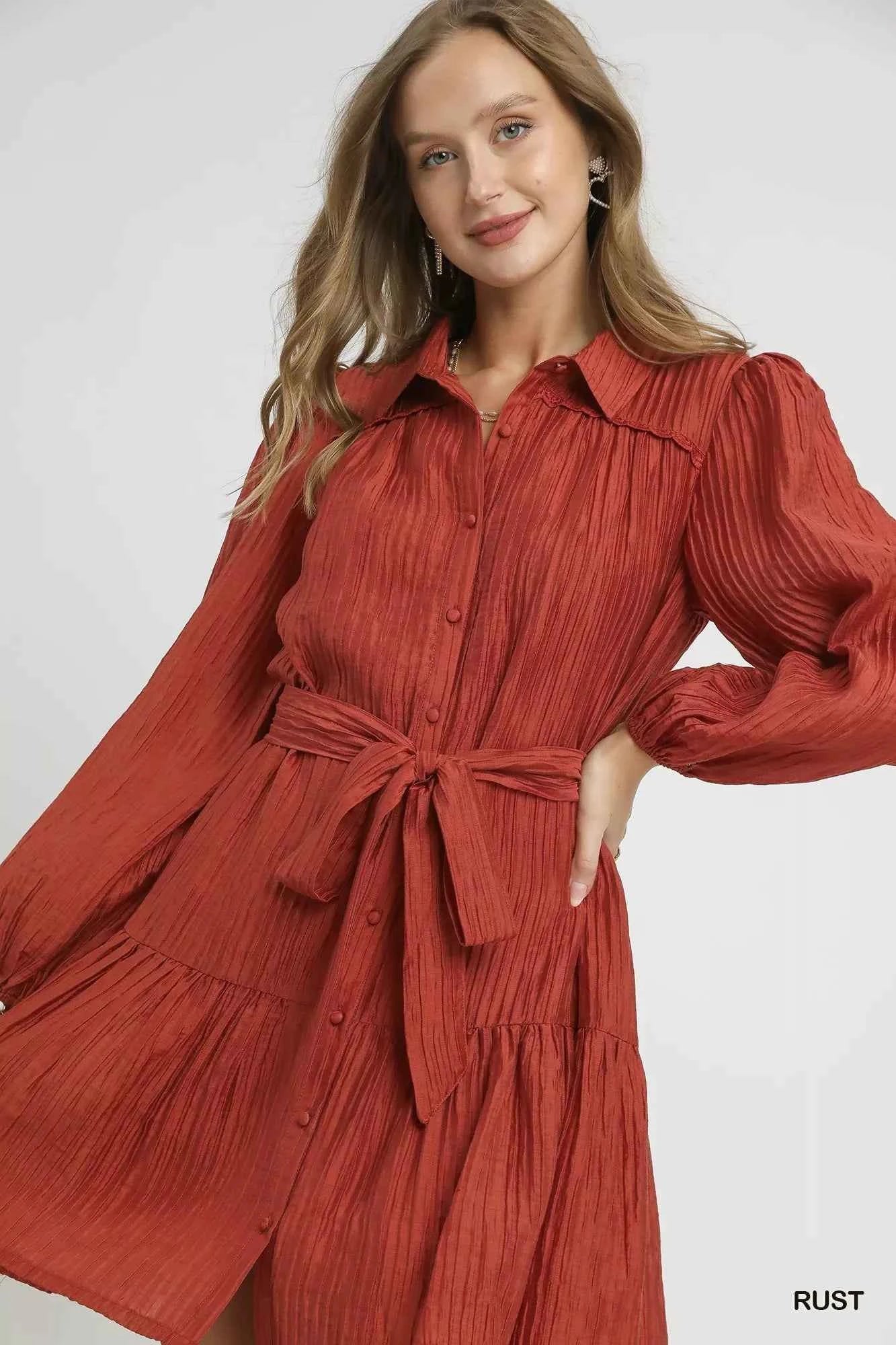 Umgee Crinkle Button-Front Tiered Mini Dress with Waist Tie 2377b59e-2b64-4401-a6f8-d45c8d135781-Max-Origin