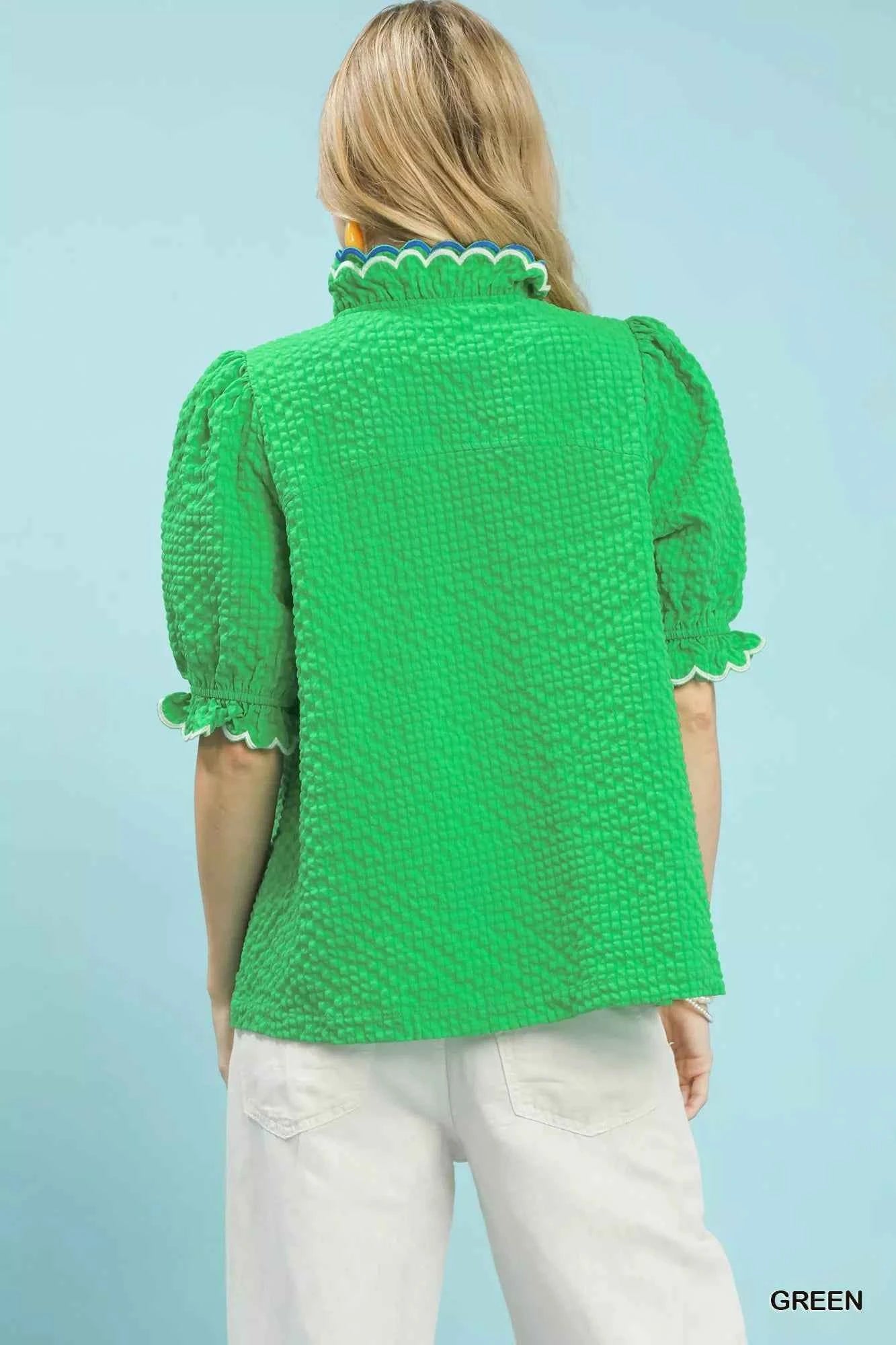 Textured Puff Sleeve Top with Scalloped Trim 2378785f-dda8-43e6-ab05-06dd2969e222-Max-Origin