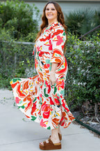 Orange Abstract Tie V Neck Tiered Plus Size Dress