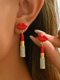 Stainless Steel Resin Lips Lipstick Rhinestone Earrings Gold One Size 2379d2d1-314e-4a1b-ad5e-f7825a7a026e-Max-Origin
