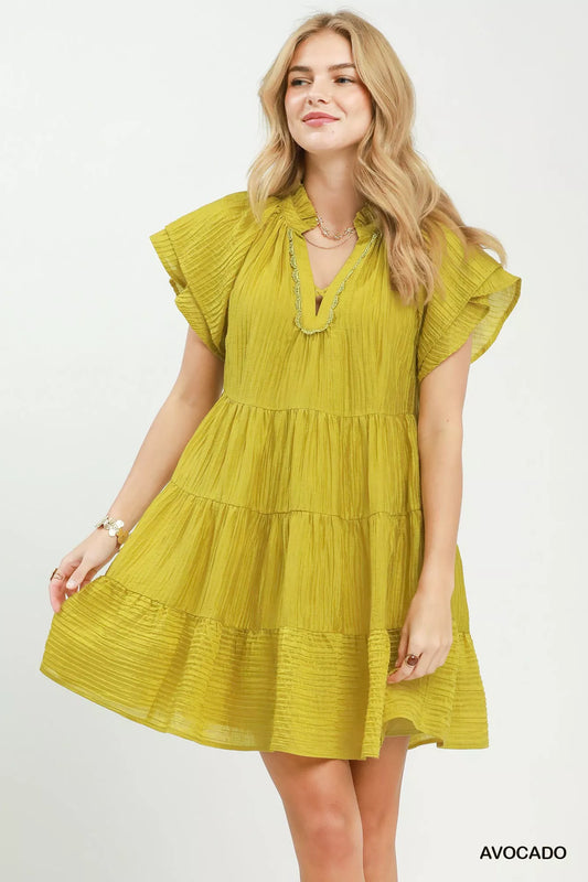 Tiered Ruffle Sleeve Textured Mini Dress AVOCADO 237a8e1c-7608-41b6-b3a2-9111f3c2da86-Max-Origin
