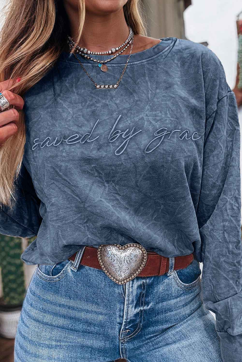 Real Teal saved by grace Letter Embroidery Mineral Wash Loose Sweatshirt Real Teal 85%Cotton+15%Polyester 237f79223c7f57f2