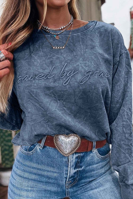 Real Teal saved by grace Letter Embroidery Mineral Wash Loose Sweatshirt Real Teal 85%Cotton+15%Polyester 237f79223c7f57f2