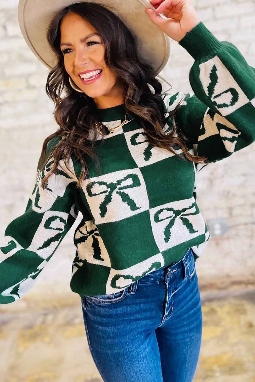 Blackish Green Bow Print Checkered Knit Sweater 237fcd19a95938be