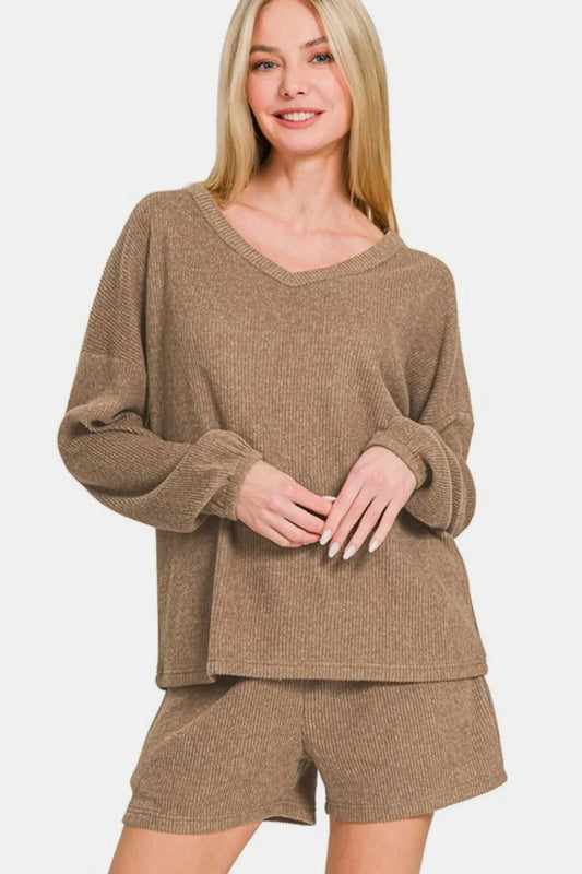 V-Neck Long Sleeve Ribbed Top and Shorts Set 23827741-49fb-41e2-8644-92b40d635053-Max