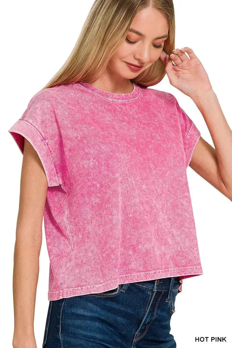 Zenana Halo Washed Cotton Cuffed Short Sleeve Top 238331a544554696820cb48e80dcd843-Max-Origin