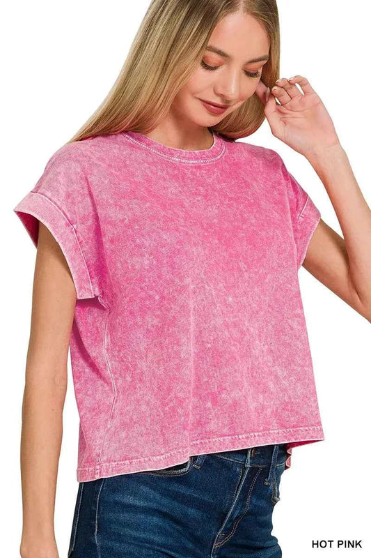 Zenana Halo Washed Cotton Cuffed Short Sleeve Top 238331a544554696820cb48e80dcd843-Max-Origin