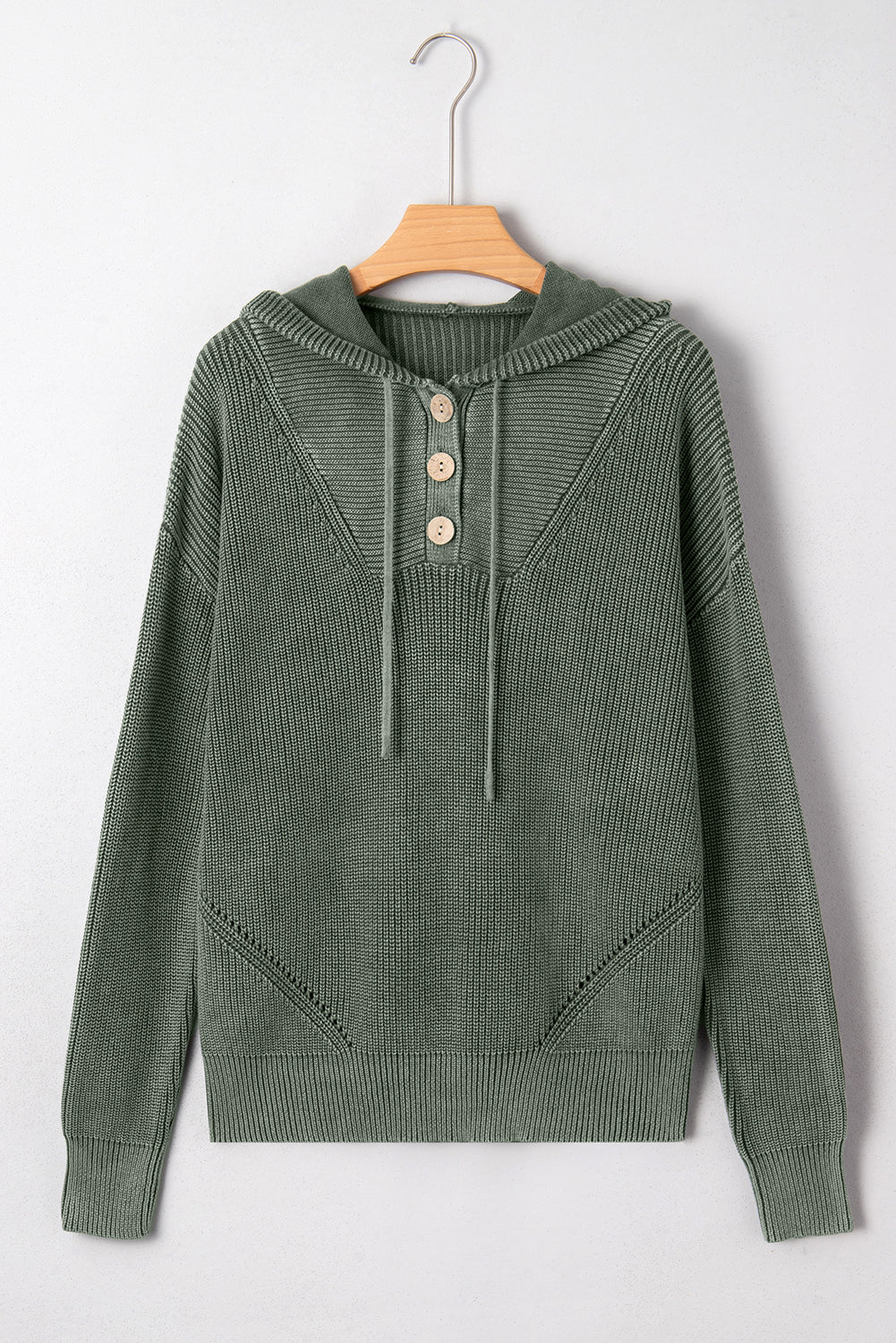 Mist Green Mineral Wash Ribbed Knit Drawstring Hooded Sweater 23845bab8ae7b902