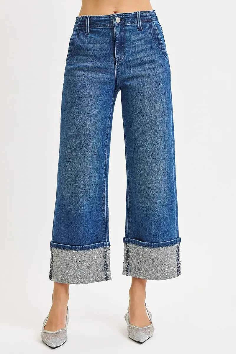 RISEN High Rise Ankle Wide Rhine Stone Cuffed Jeans 2384cb169f834868b660685a68066d4e-Max-Origin