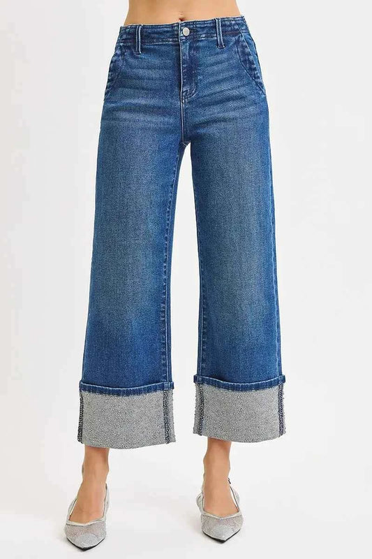 High Rise Ankle Wide Rhine Stone Cuffed Jeans 2384cb169f834868b660685a68066d4e-Max-Origin