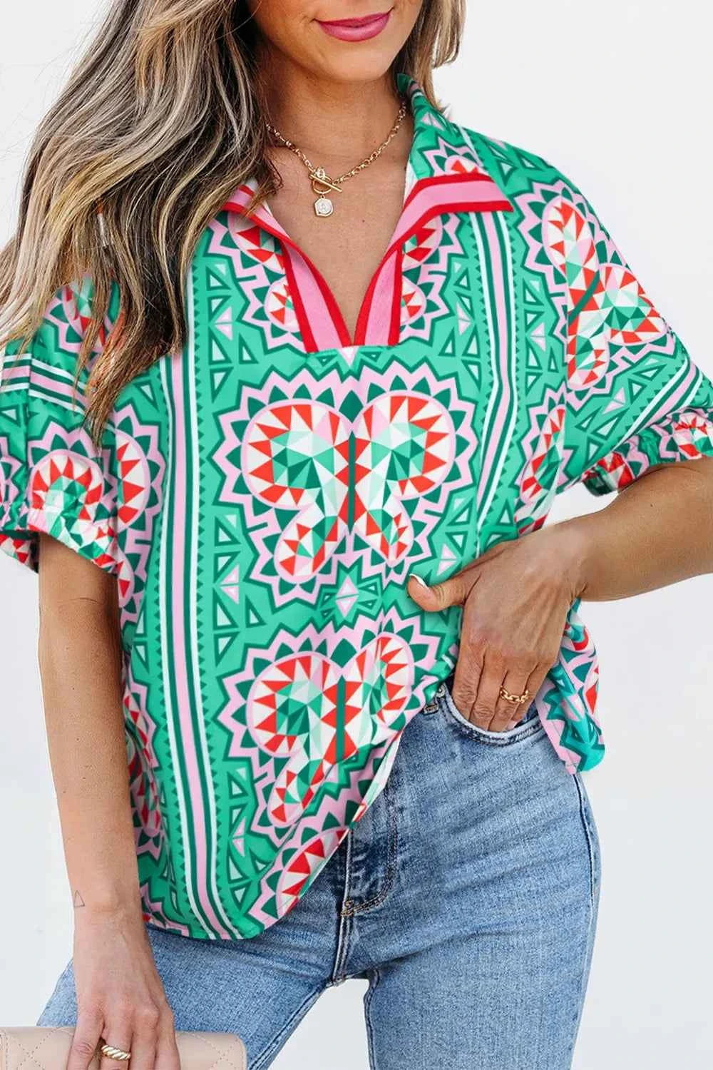 Boho Abstract Print Contrast Striped Collared V Neck Blouse Turquoise 238673ea-5854-4aed-9cac-600898bb7e69-Max-Origin