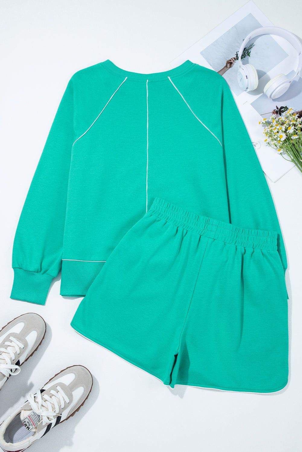 Dark Green V Neck Piping Trim Pullover Top and Shorts Set 2386cd3e3d8fd50e