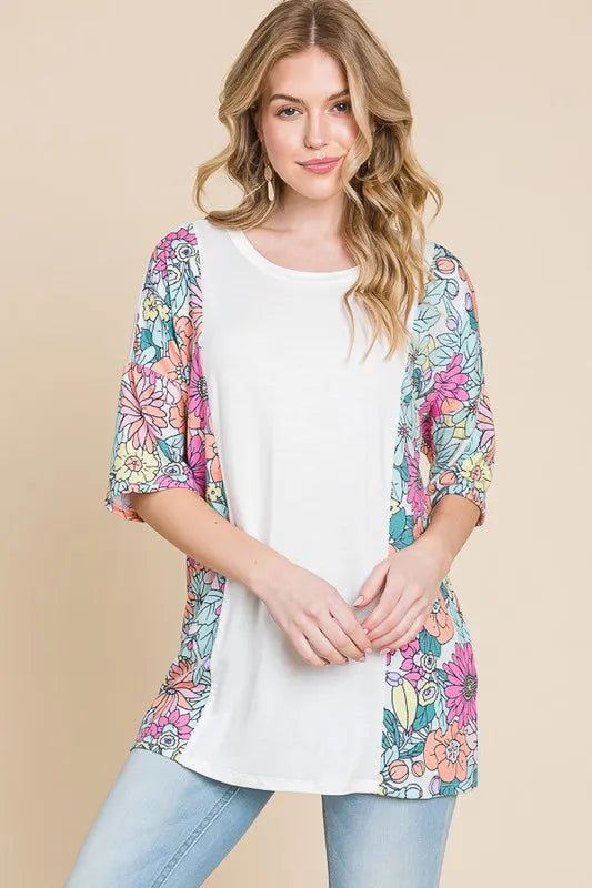 Floral Round Neck Half Sleeve T-Shirt - Polyester Spandex Blend 23885af1-0af7-4443-9682-7b8f6916c4ad-Max-Origin