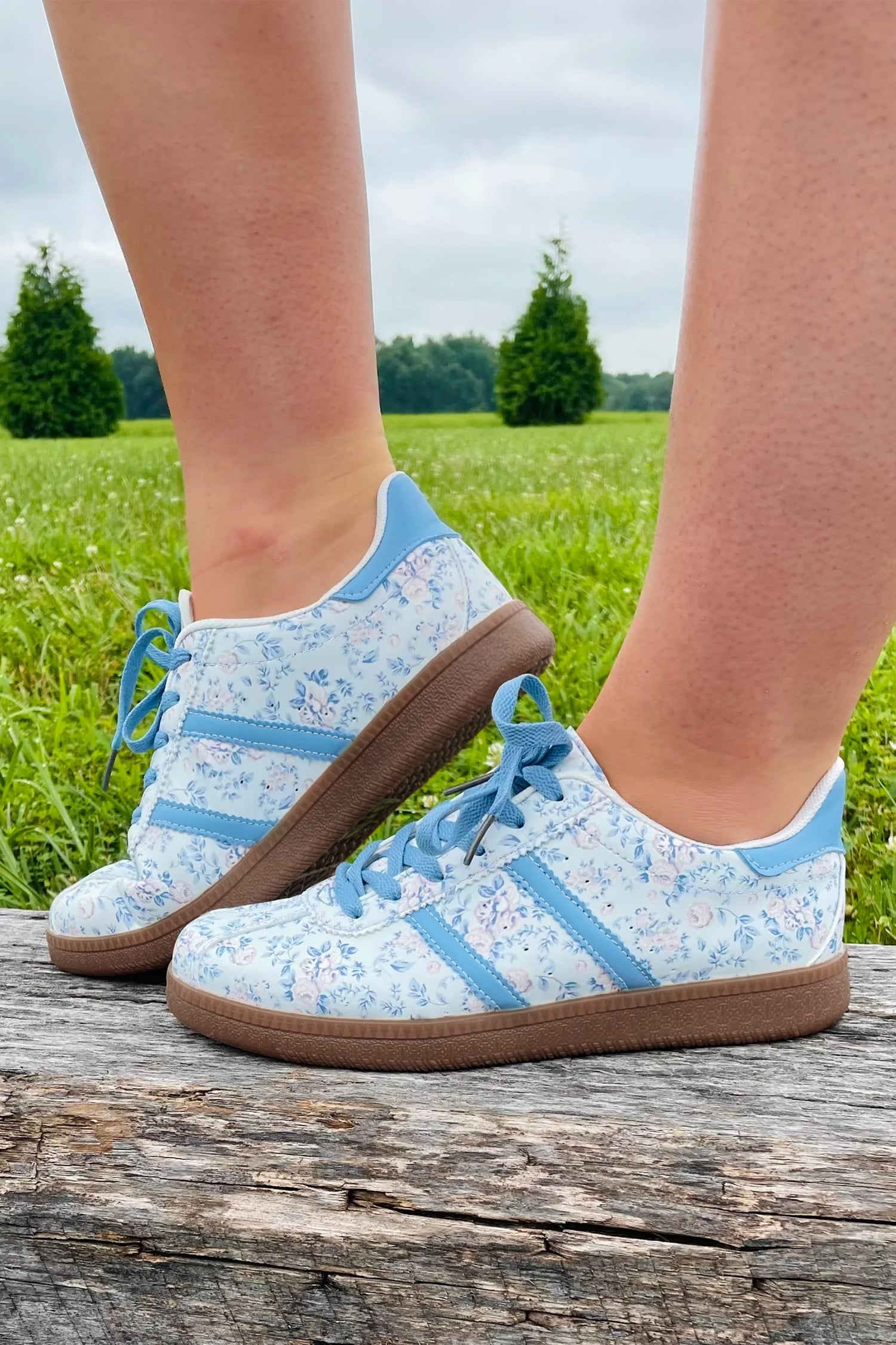 Light Blue Floral Print Lace-up PU Leather Flat Shoes 23887acd9f930af2