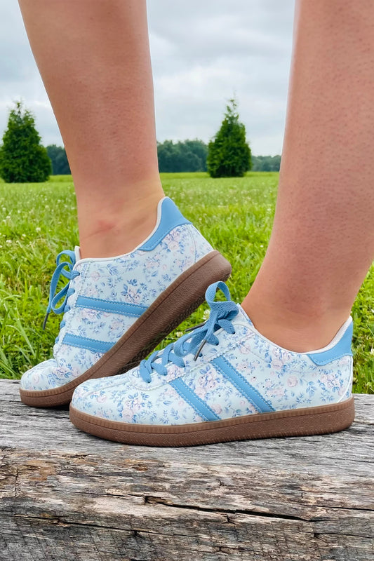 Light Blue Floral Print Lace-up PU Leather Flat Shoes 23887acd9f930af2