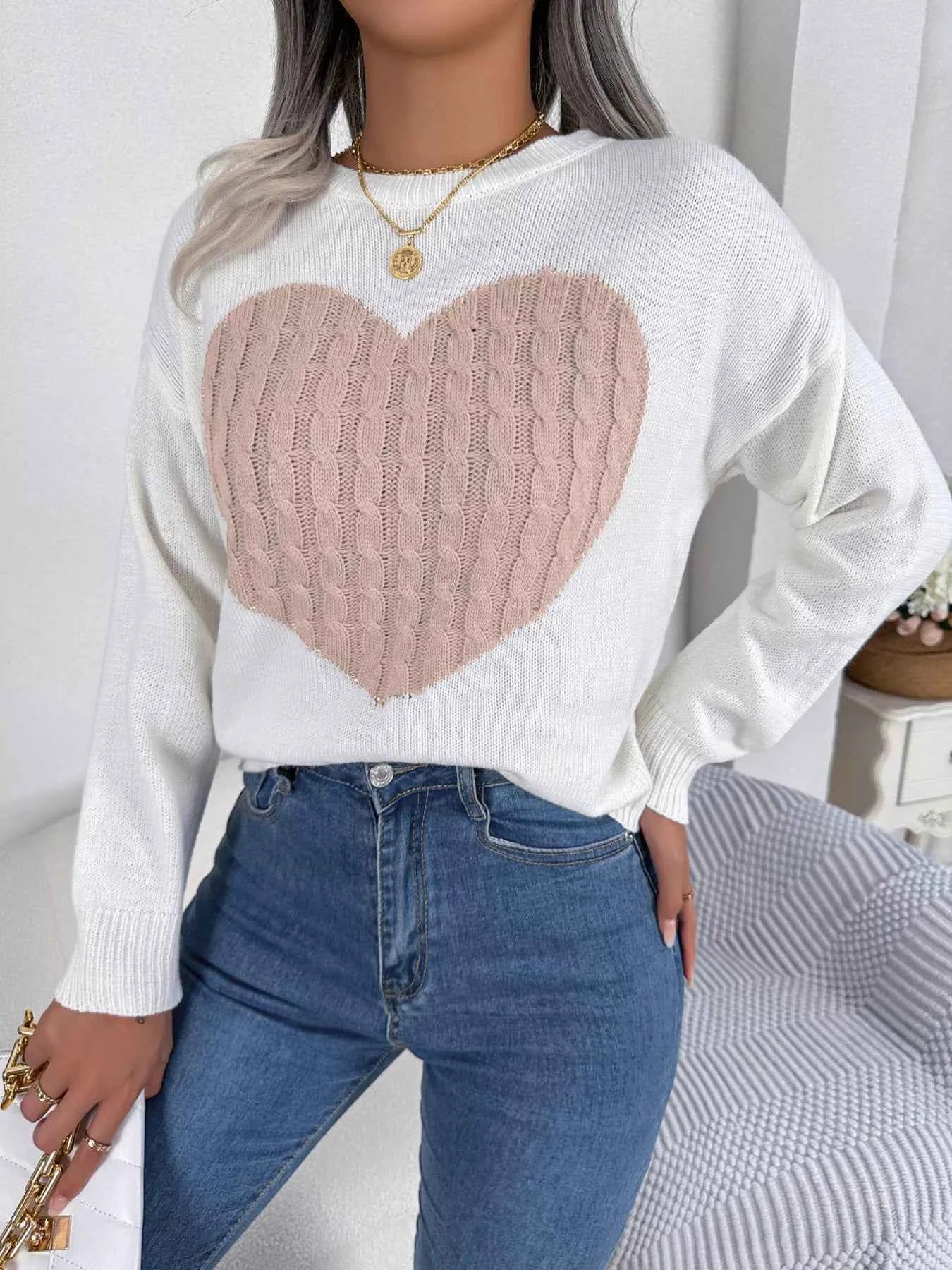 Cable Knit Heart Round Neck Sweater 2388a9cdb30f438fa11646f17c0fc221-Max-Origin