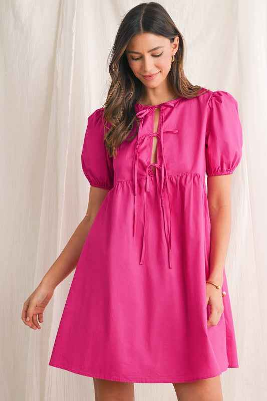 Bright Pink Tie Front Puff Sleeve Mini Dress 23897039_3835623d-f9c2-4606-b0fd-f736ff5bb1a0