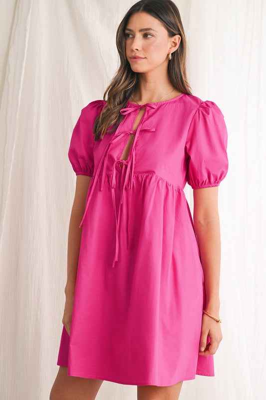 Bright Pink Tie Front Puff Sleeve Mini Dress 23897039_4192c4b8-9296-49ef-94a7-5b99ad79c23f