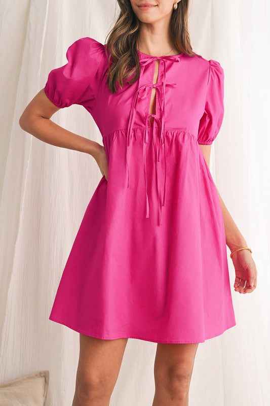 Bright Pink Tie Front Puff Sleeve Mini Dress Bright Pink 23897039_6227cd58-7549-4299-91cd-c48964230726