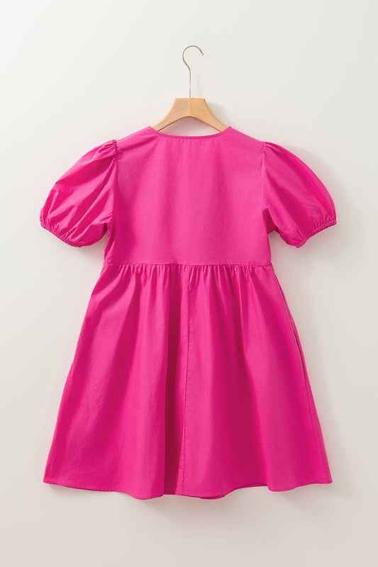 Bright Pink Tie Front Puff Sleeve Mini Dress 23897039_9c060bb3-dfcf-4e96-966b-82cf6b91385d