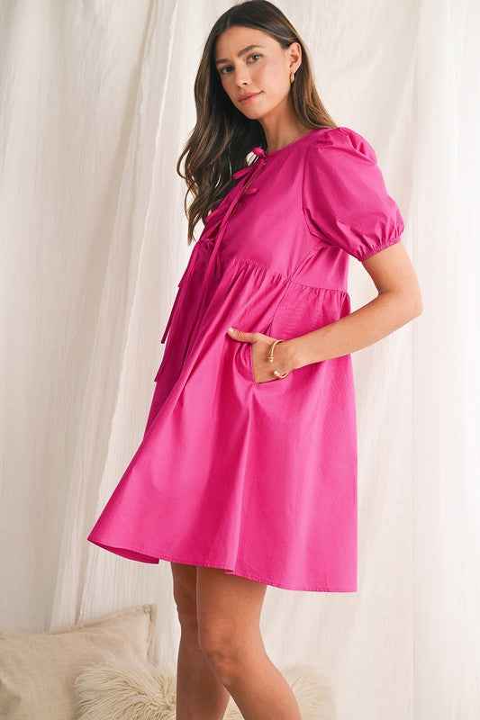 Bright Pink Tie Front Puff Sleeve Mini Dress 23897039_a700c06c-f4cb-4b49-91ab-94a5ec2ac2f4