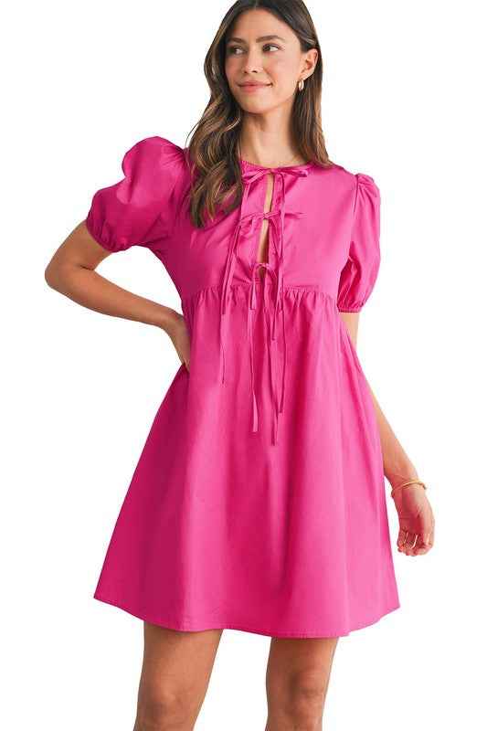 Bright Pink Tie Front Puff Sleeve Mini Dress 23897039_ac5f410a-e04a-42d0-a16b-1ae626f142fe