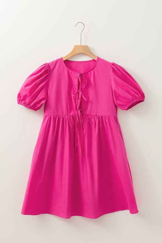 Bright Pink Tie Front Puff Sleeve Mini Dress 23897039_ae8bb0f4-4bb0-41b0-86b3-41153503cde5