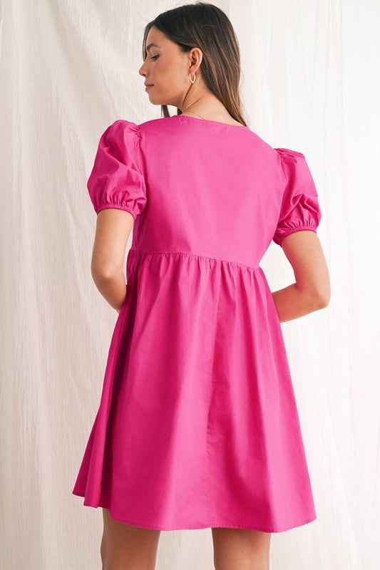 Bright Pink Tie Front Puff Sleeve Mini Dress 23897039_bd430074-6d5f-4f98-bdca-2c071b1bc0cb
