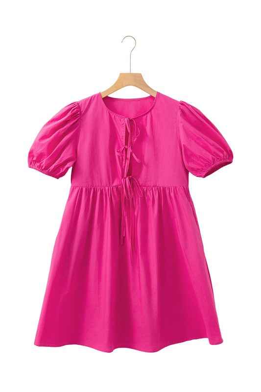 Bright Pink Tie Front Puff Sleeve Mini Dress 23897039_bfc8f4f5-8148-4249-aa1f-f2f09105b5a4