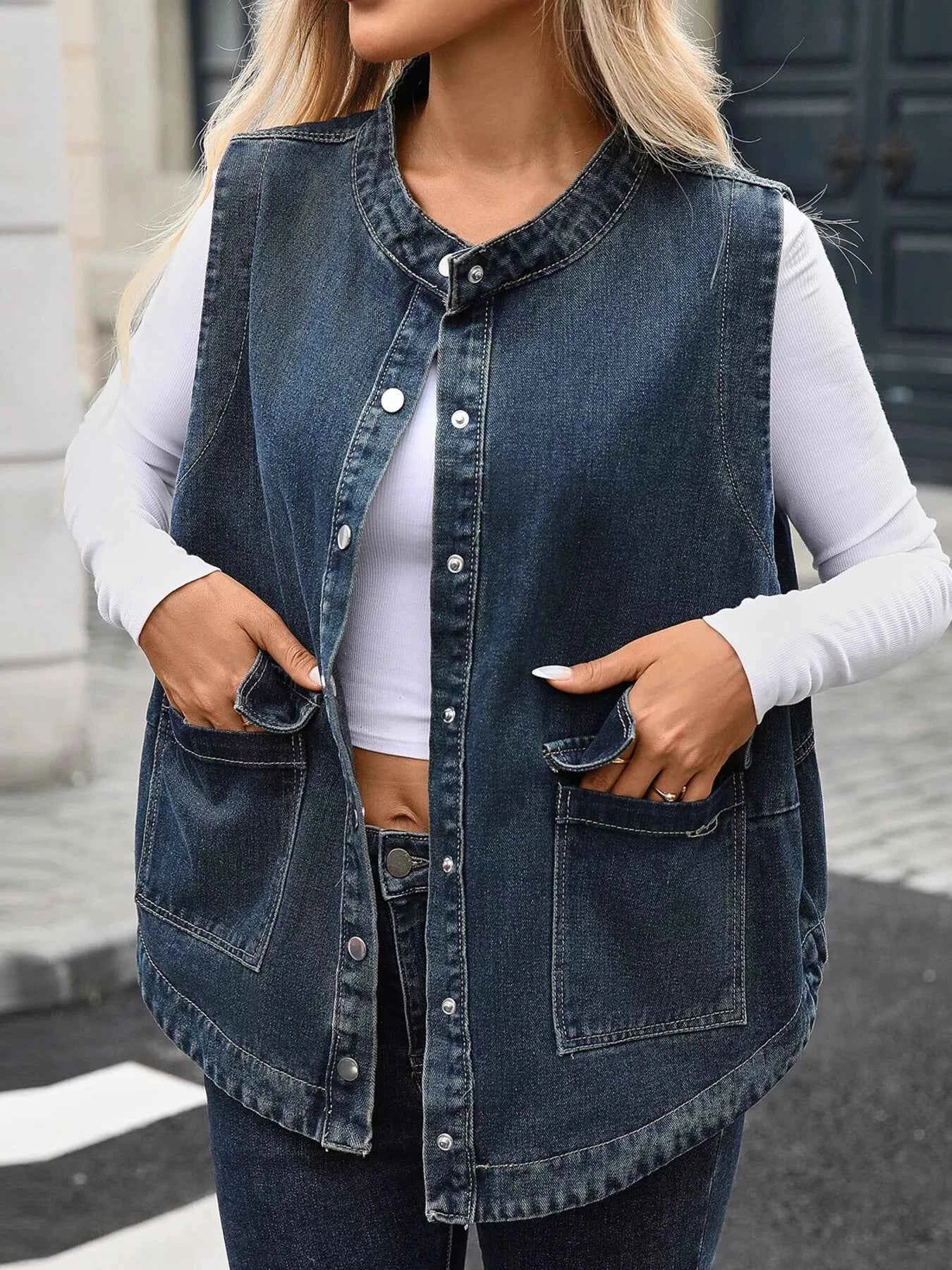 Snap Down Sleeveless Denim Jacket 238fc978840243a5b10729c63c632264-Max-Origin