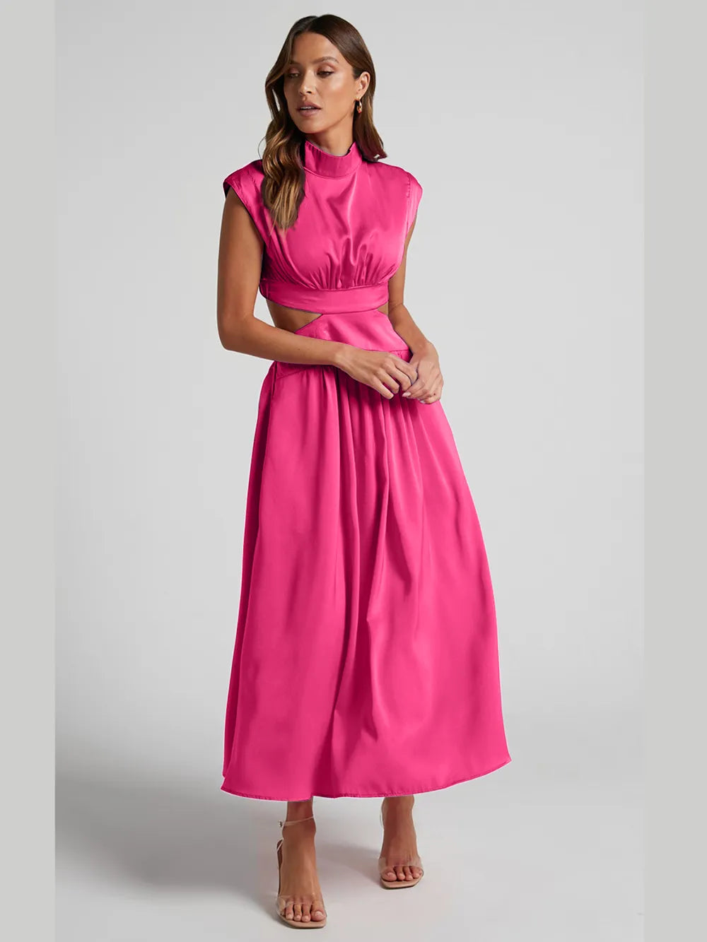 Cutout Mock Neck Sleeveless Ruched Dress Hot Pink 23909eb4-f3f1-408c-8f9b-92ed97e8a0e1-Max