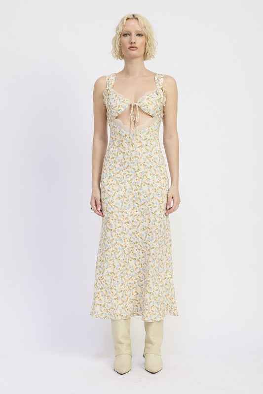 Ditsy Print Midi Dress with Cutout and Lace Trim 23918826_bf0f2870-ae80-42bb-b41a-95dd188684a7