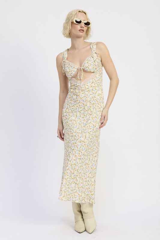 Ditsy Print Midi Dress with Cutout and Lace Trim 23918826_cb8f2e3e-9610-4b6f-8a7f-eab81b333cad