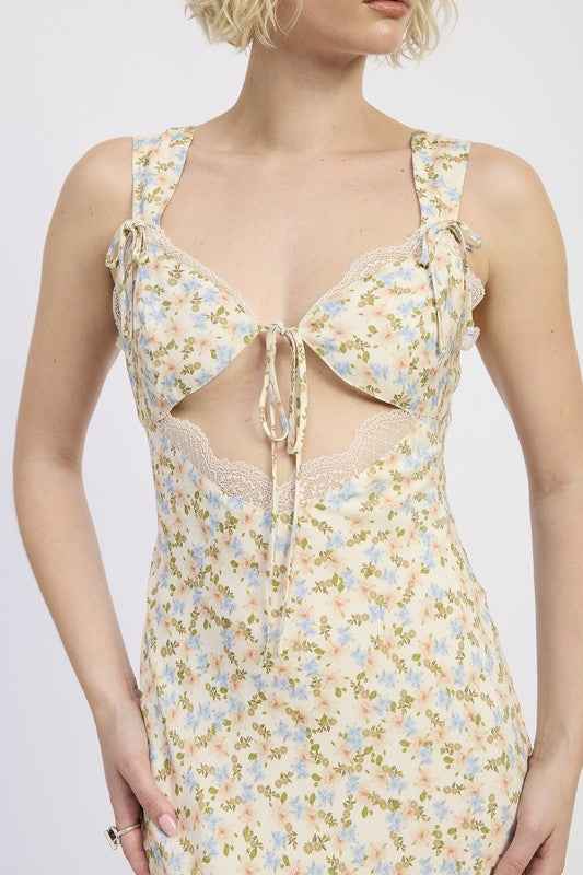 Ditsy Print Midi Dress with Cutout and Lace Trim 23918826_d4deb95e-b7b4-4ea8-8f6f-64335373f3e2