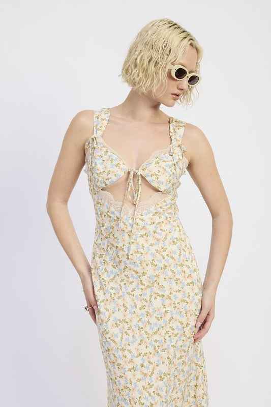 Ditsy Print Midi Dress with Cutout and Lace Trim 23918826_ec59e170-68e1-4daf-8fa2-5781a3aeacf8