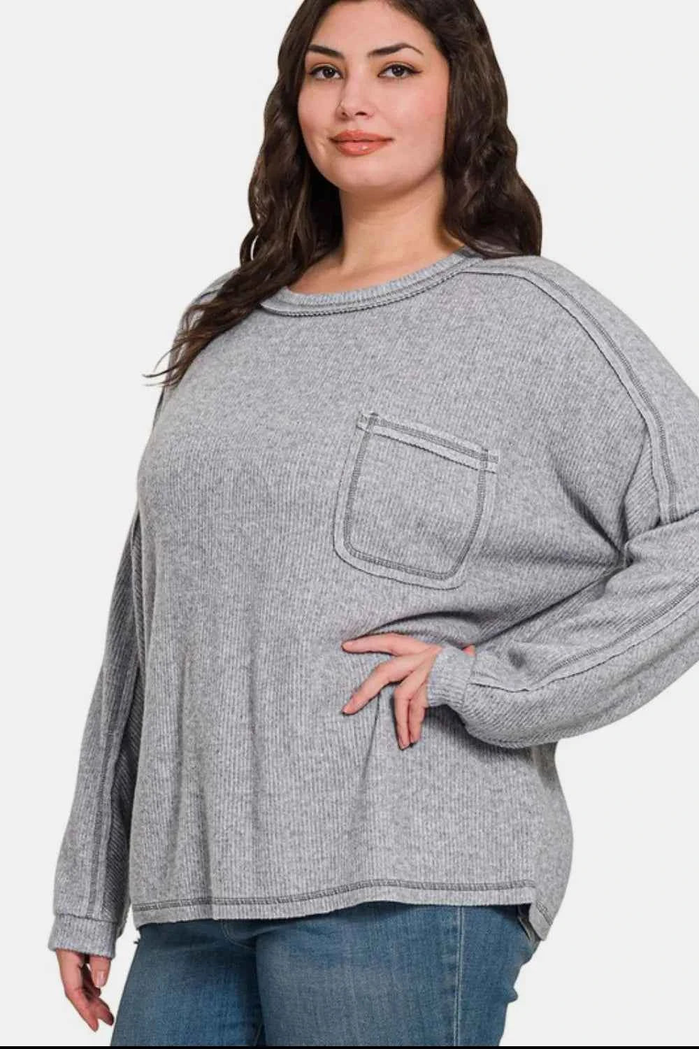 Zenana Full Size Contrast Stitching Brushed Ribbed Hacci Knit Top 2397467b-2ad1-4203-bf28-6eddf273b52c-Max