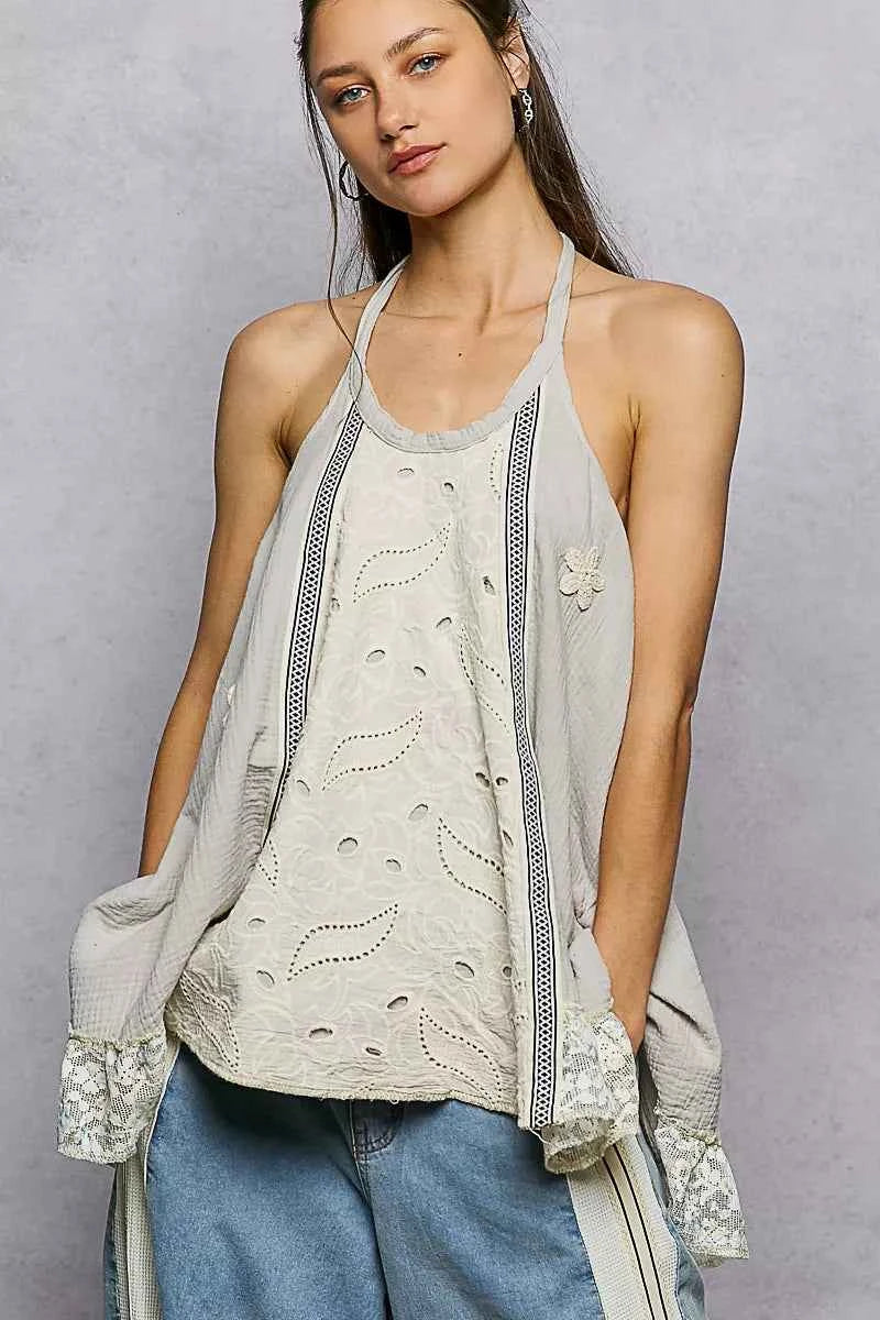 POL Lace Ruffle Halter Neck Double Gauze Top with Crochet Patch 23974969-0925-4da6-82bb-6363d8da46ea-Max-Origin